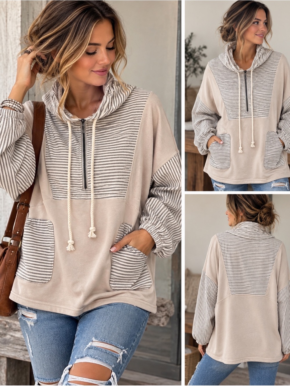 Hem & Thread Cream Pullover Cowl Neck with Light Gray Stripes Size L NWT